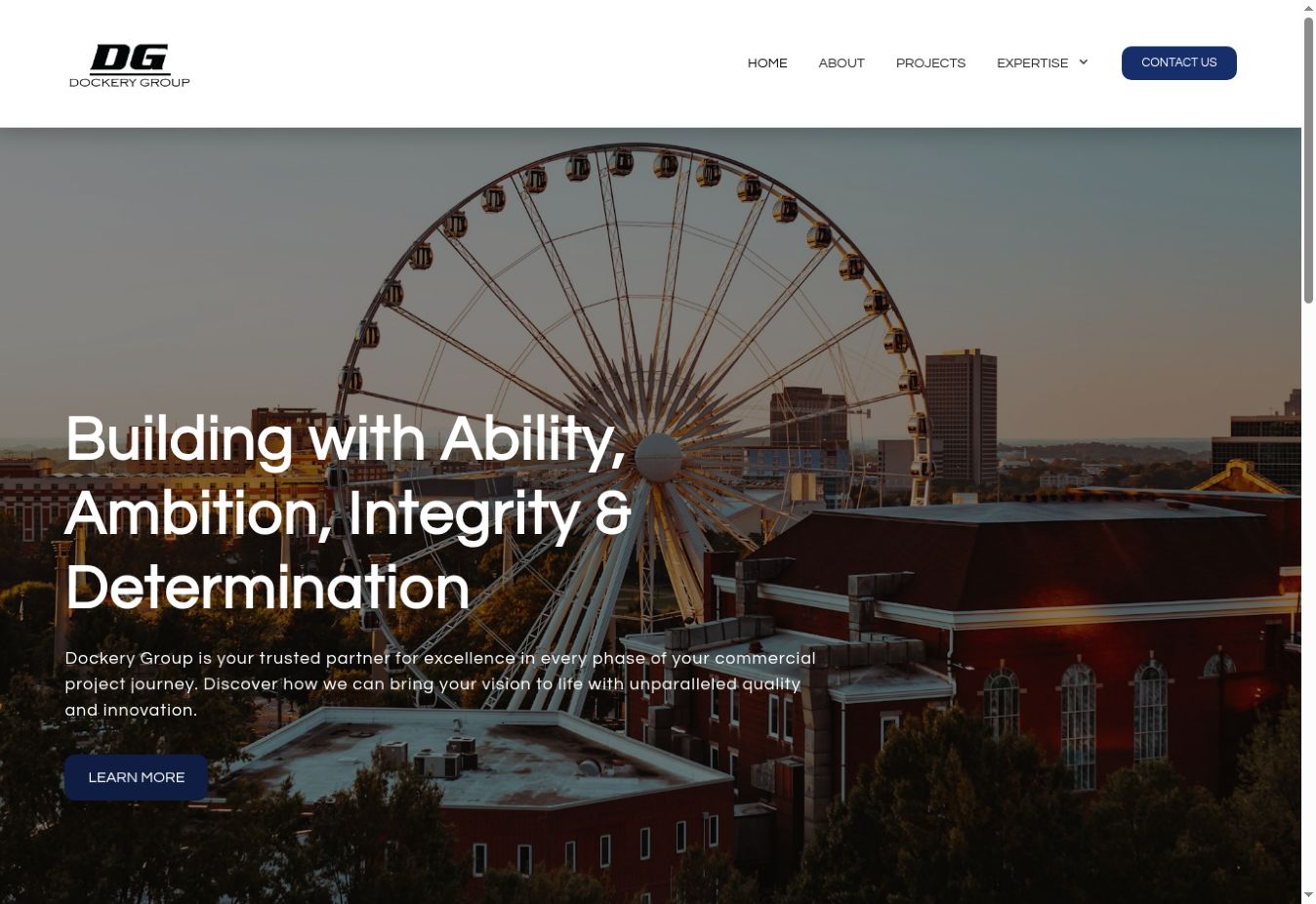 Dockery Group homepage featuring its commercial construction services and the SkyView Atlanta Ferris wheel
