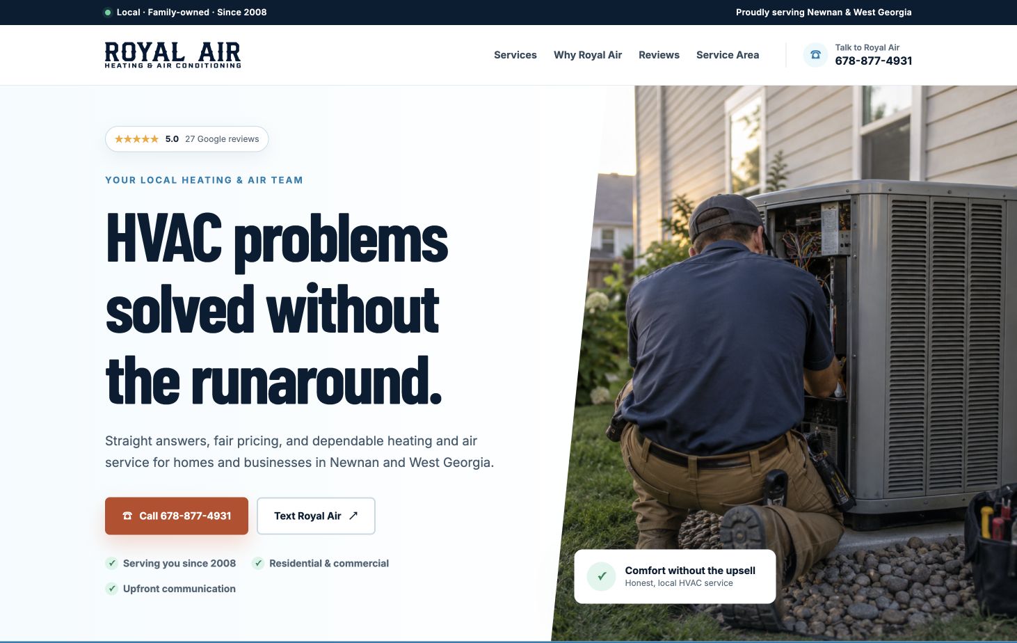 Royal Air website concept with bold HVAC messaging, call and text buttons, and a technician servicing an air conditioner